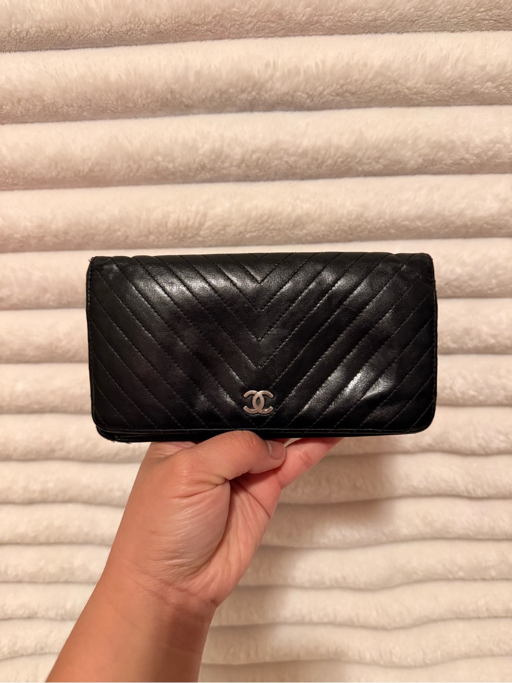CHANEL Black Quilted CC Logo Long Bifold Wallet w/ Zippered Coin Pocket